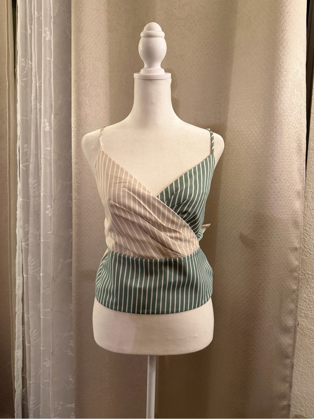 Anthropologie Striped Wrap Cami in Sage Green & Cream